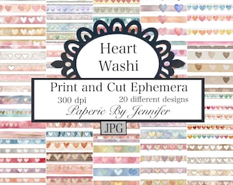 Clipart de cinta washi con forma de corazón: Efímera imprimible para diario basura (descarga digital, 20 hojas)