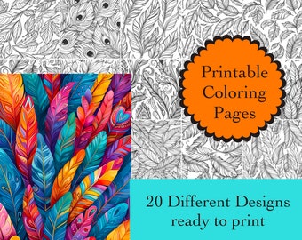 Feathers Coloring Book: 20 Printable Feather Designs (Digital Download)
