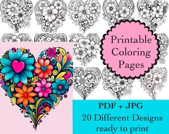 Floral Heart Coloring Book: 20 Printable Line Art Designs (PDF & JPG)
