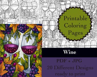 Wine Coloring Book 20 Coloring Pages Instant Download Wine Printable Papers Coloring Book Images Vino Grapes Drinking Line Art