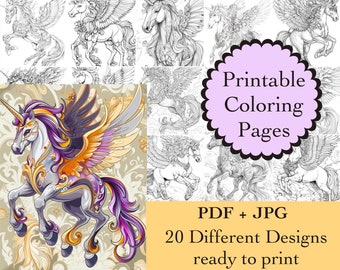Pegasus Unicorn Coloring Book: 20 Printable Line Art Pages (Digital Download)