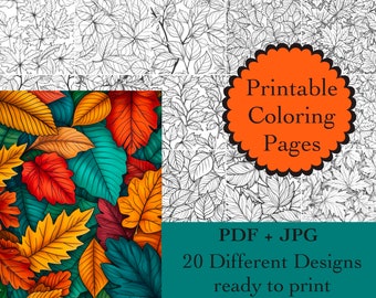 Autumn Leaves Coloring Book: 20 Nature Printable Pages (Digital Download)