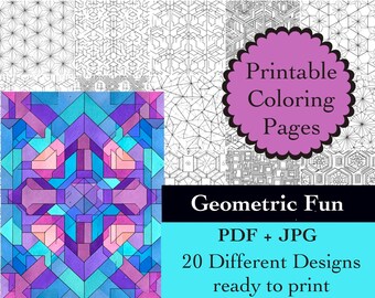 May include: A collection of printable coloring pages featuring geometric designs. The image includes a colorful, abstract geometric pattern and several black and white geometric patterns. Text on the image reads "Printable Coloring Pages" and "Geometric Fun".