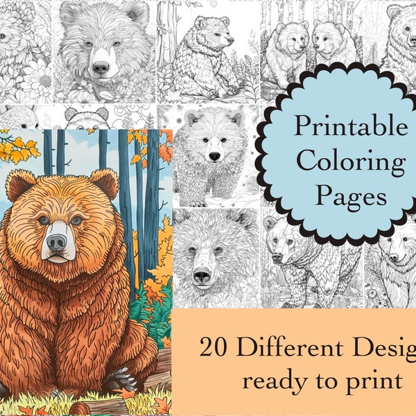 Bear Coloring Book 20 Bear Coloring Pages Instant Download Bear Printable Papers 20 Woodland Bears Coloring Book Images Nature Line Art