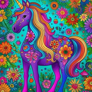 May include: A purple unicorn with a rainbow mane and tail stands in a field of colorful flowers. The unicorn is decorated with floral patterns and has a gold horn.