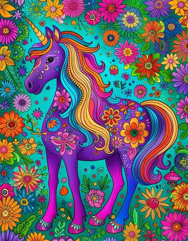 May include: A purple unicorn with a rainbow mane and tail stands in a field of colorful flowers. The unicorn is decorated with floral patterns and has a gold horn.
