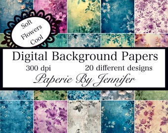 Imagens de flores suaves 20 download instantâneo de cores legais, fundo de cartão floral gasto para impressão, flores vintage, scrapbook, papéis de diário de lixo