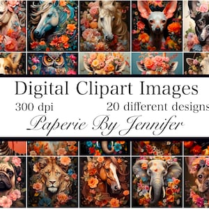 Immagini di ritratti di animali 20 download istantaneo Animale con fiori, album stampabili con animali, disegni di animali, immagini di animali divertenti