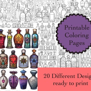 May include: Printable coloring pages featuring 20 different perfume bottle designs. The image includes a variety of detailed illustrations, some colored and some in black and white, ready for printing and coloring. The designs are ready to print.