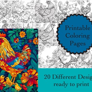 Chicken Coloring Book: 20 Printable Rooster Line Art Pages (Digital Download)