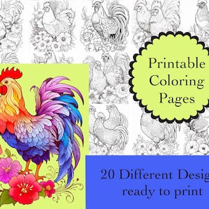 Chicken Coloring Book: 20 Rooster Line Art Pages (Instant Download)