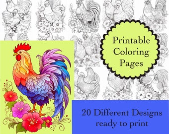 Chicken Coloring Book: 20 Rooster Line Art Pages (Instant Download)
