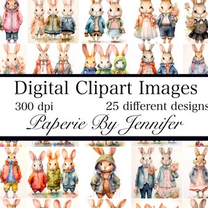 Afbeeldingen konijntjes 25 geklede konijntjes Instant Download afdrukbare papieren Clipart konijnen aquarel geïllustreerde konijn kunstafdrukken