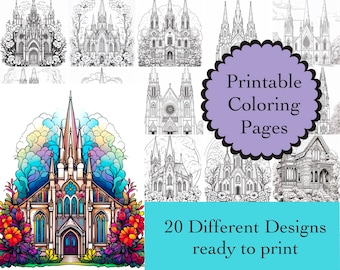 Kerk kleurboek 20 kerk kleurplaten Instant Download bloemen kerk afdrukbare papieren bloemen kerk lijntekeningen afbeeldingen religieuze afbeeldingen