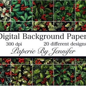 Bloemenprints 20 ontwerpen Instant download Hulst kaartachtergrond Donkere afdrukbare plakboekpapier Naadloze patronen Kerstontwerpen