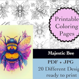 Puede incluir: Un conjunto de 20 páginas para colorear imprimibles con diseños de abejas. Las páginas están disponibles en formato PDF y JPG y están listas para imprimir. La imagen muestra una abeja colorida con alas y flores.