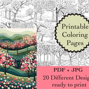 Flowering Trees Coloring Book: 20 Nature Art Pages (Digital Download)
