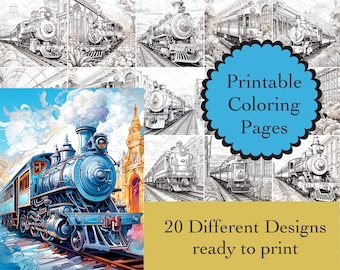 Trains Coloring Book: 20 Printable Transportation Pages (Digital Download)