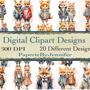 Geklede Fox-afbeeldingen 20 schattige geïllustreerde vossen Instant Download afdrukbare papieren vossen Art wordt afgedrukt Fox Clipart schattige dieren kunstafbeeldingen