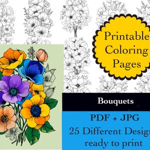 Flower Bouquets Coloring Book: 25 Printable Floral Designs (Digital Download)