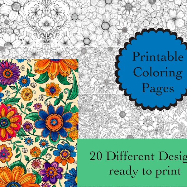 Zen Flowers Coloring Book 20 Coloring Pages Instant Download Flowers Printable Papers Coloring Book Images Floral Designs Floral Line Art