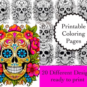 Flower Skulls Coloring Book 20 Coloring Pages Instant Download Flower Skulls Printable Papers Coloring Book Images Flower Skulls Line Art