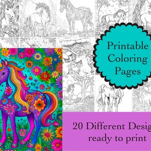 May include: A set of 20 printable coloring pages featuring intricate designs of unicorns with floral patterns. The text "Printable Coloring Pages" and "20 Different Designs ready to print" is included in the image.