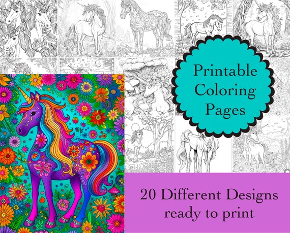 Unicorn Coloring Book: 20 Printable Unicorn Line Art Pages (Digital Download)