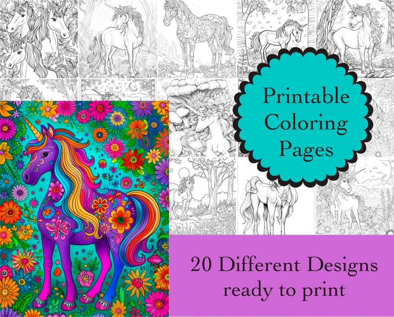 May include: A set of 20 printable coloring pages featuring intricate designs of unicorns with floral patterns. The text "Printable Coloring Pages" and "20 Different Designs ready to print" is included in the image.