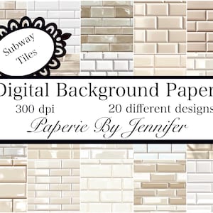 May include: A digital paper pack featuring 20 different designs of subway tiles in various shades of beige and white. The designs are 300 dpi and are perfect for creating digital backgrounds or scrapbooking projects. The text "Subway Tiles" is in a black circle with a decorative border.