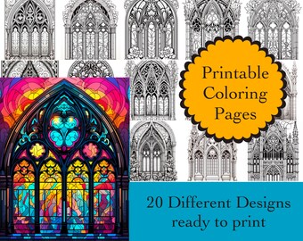 May include: 20 printable coloring pages featuring stained glass window designs. The pages are black and white and ready to be colored. The image shows a colorful stained glass window with a rainbow of colors.