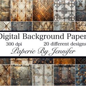 Könnte beinhalten: Eine Collage aus 20 verschiedenen digitalen Hintergrundpapieren mit verschiedenen rostigen Metalltexturen und Mustern. Die Papiere haben eine Auflösung von 300 dpi und sind mit "Digital Background Papers 20 different designs Paperie By Jennifer" betitelt.