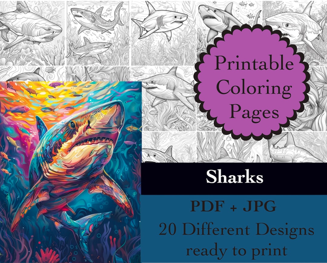 Sharks Coloring Book 20 Coloring Pages Instant Download Fish Printable