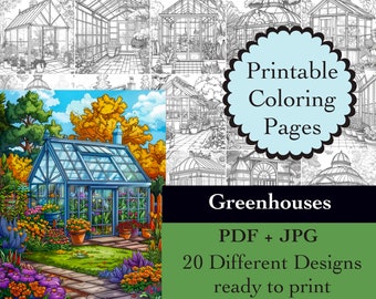 Può includere: Pagine da colorare stampabili con disegni di serre. L'immagine mostra un'illustrazione colorata di una serra circondata da fiori, e diversi disegni a tratteggio in bianco e nero di serre. Il testo include "Printable Coloring Pages" e "Greenhouses".