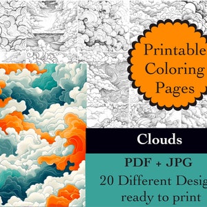 May include: Printable coloring pages featuring 20 different cloud designs in black and white. The designs are intricate and detailed, perfect for adults and children who enjoy coloring. PDF + JPG format, ready to print.