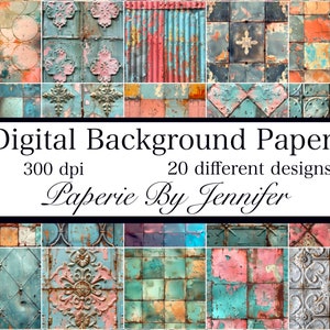 Puede incluir: Un collage digital de 20 diseños diferentes de patrones de azulejos de estilo vintage y desgastado. Los azulejos son en tonos de azul, verde, rosa y marrón. El texto "Digital Background Papers 300 dpi 20 different designs Paperie By Jennifer" está en la parte superior de la imagen.