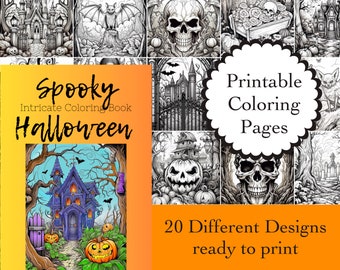 Może przedstawiać: Intrygująca książka do kolorowania Spooky Halloween z 20 różnymi wzorami gotowymi do wydrukowania. Okładka przedstawia nawiedzony dom z dynią w pierwszym planie.