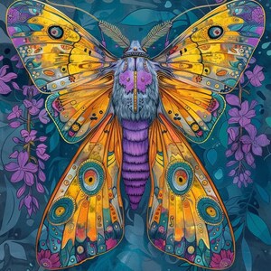 May include: A colorful, detailed illustration of a moth with yellow, purple, blue, and green wings against a dark blue background with purple flowers.