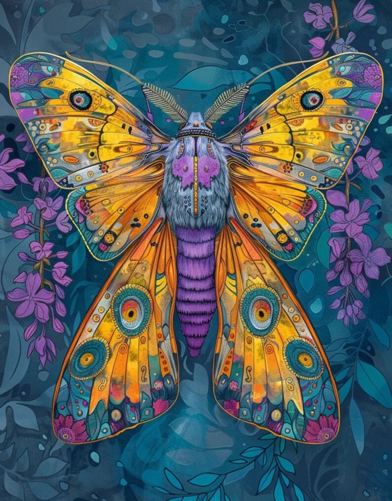May include: A colorful, detailed illustration of a moth with yellow, purple, blue, and green wings against a dark blue background with purple flowers.