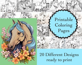 Horses Coloring Book: 20 Printable Horse Line Art Pages (Digital Download)