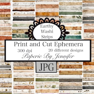 May include: A collage of washi strips in various earthy tones, including browns, greens, and tans. The image features the text "Earthy Washi Strips" and "Print and Cut Ephemera" with "Paperie By Jennifer" at the bottom. The image is labeled as JPG.