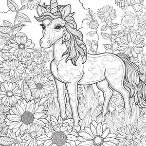 May include: A black and white line drawing of a unicorn standing in a field of flowers. The unicorn has a long, flowing mane and tail, and a single horn on its forehead. The flowers are a variety of daisies and other wildflowers.