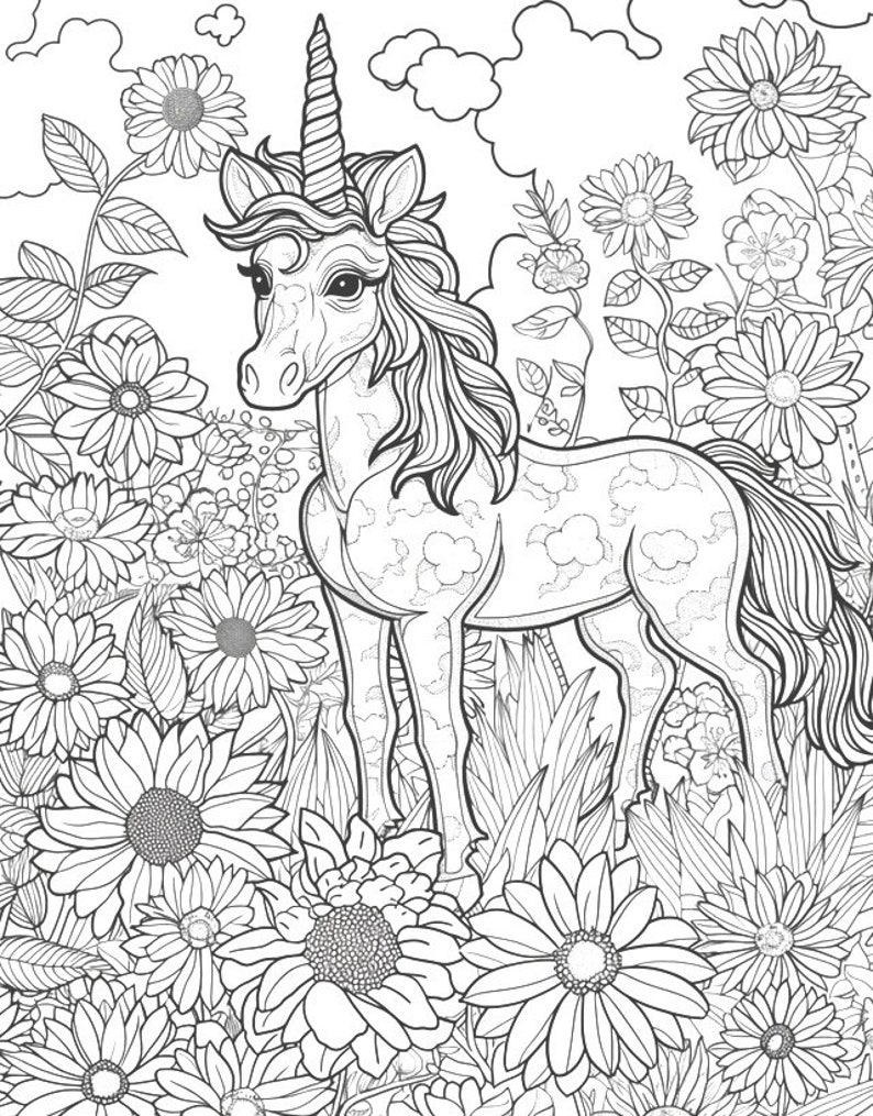 May include: A black and white line drawing of a unicorn standing in a field of flowers. The unicorn has a long, flowing mane and tail, and a single horn on its forehead. The flowers are a variety of daisies and other wildflowers.