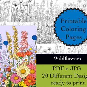 May include: Printable colouring pages featuring 20 different designs of wildflowers. The pages are ready to print in PDF and JPG formats.