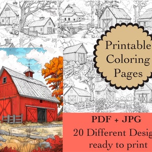 May include: A collection of printable coloring pages featuring various barn designs. The image includes a vibrant red barn with a white roof and a selection of black and white barn illustrations. Text on the image reads "Printable Coloring Pages" and "20 Different Designs ready to print."
