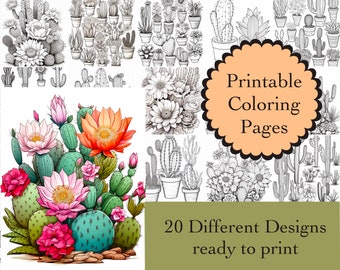 Cactus Coloring Book: 20 Printable Cactus Line Art Pages (Digital Download)