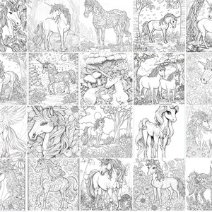 May include: A coloring book page featuring 24 different illustrations of unicorns in various poses and settings. The unicorns are surrounded by flowers, leaves, and other nature-inspired elements.