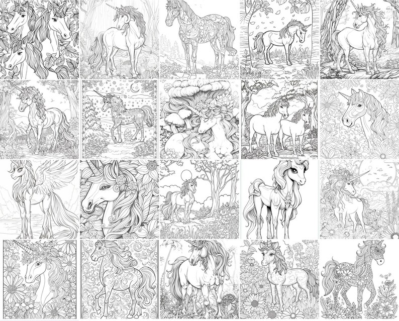 May include: A coloring book page featuring 24 different illustrations of unicorns in various poses and settings. The unicorns are surrounded by flowers, leaves, and other nature-inspired elements.