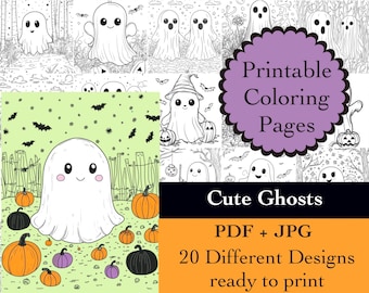 Livre de coloriage fantôme mignon 20 pages à colorier d'Halloween Téléchargement instantané Papiers imprimables fantômes Images du livre de coloriage Dessin au trait Halloween Halloween
