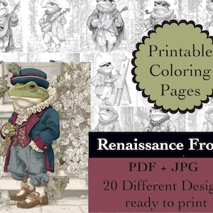 Könnte beinhalten: Ausdruckbare Malvorlagen mit Renaissance-Fröschen in verschiedenen Posen. Das Bild enthält eine detaillierte Illustration eines Frosches in Renaissance-Kleidung sowie mehrere Schwarz-Weiß-Skizzen von Fröschen. Der Text auf dem Bild lautet "Ausdruckbare Malvorlagen" und "Renaissance Frogs".